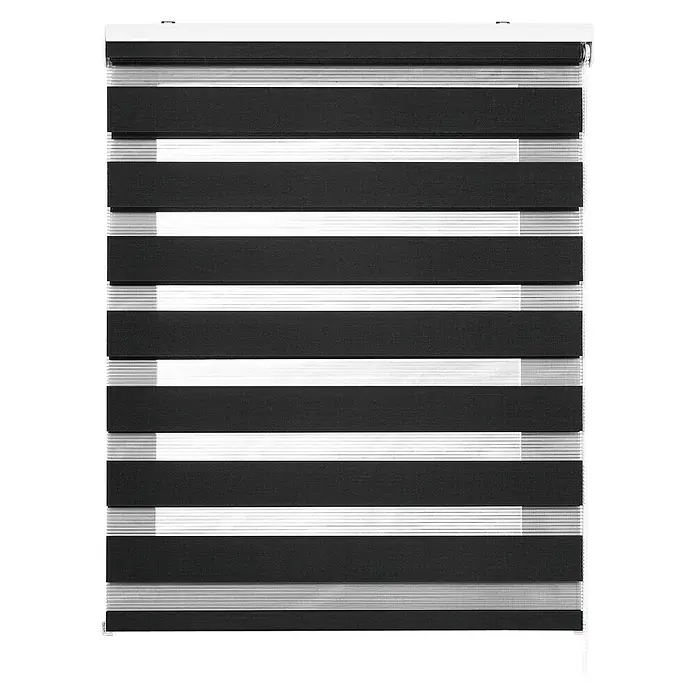 Estor noche y día Duolux - An x Al: 80 x 180 cm, Grafito - Primer plano de una persiana cebra en blanco y negro, que combina elegantemente privacidad y control de la luz. Ideal para espacios modernos.