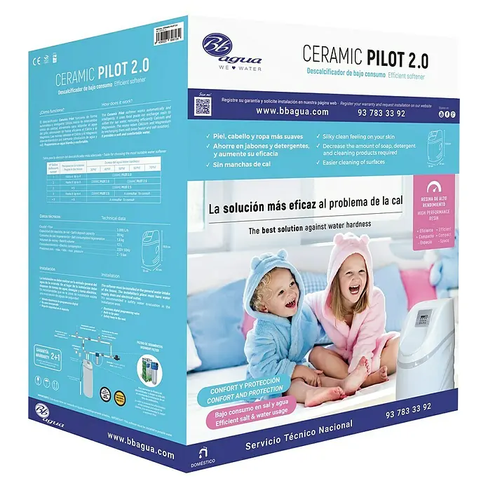 Bb agua Descalcificador de agua Ceramic Pilot 2.0 - 2.000 l/h, Capacidad/Consumo de sal: 1,8 kg - Imagen de un descalcificador Ceramic Pilot 2.0 que promete agua suave y confort.