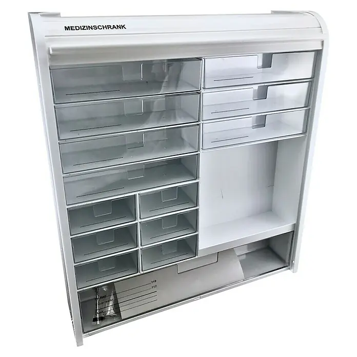 Leina-Werke Verbandschrank Sani Roll - Mit Inhalt nach DIN 13169, Weiß - Medizinischer Schrank mit transparenten Schubladen und Fach, ideal zur Aufbewahrung von Medikamenten und Verbandsmaterial.