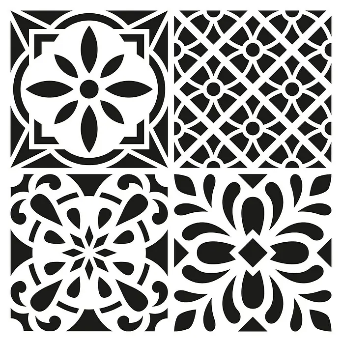 Plantilla decorativa Stencil - Tiles 1, 30 x 30 cm, Plástico - Patrón de azulejos decorativos, ideal para diseño de paredes y suelos. Elegantes adornos en blanco y negro para toques con estilo en la estancia.
