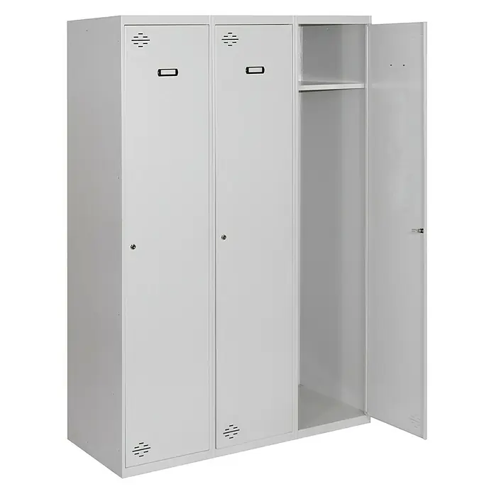 Simonrack Simonlocker Taquilla Prof. Single - L x An x Al: 50 x 120 x 180 cm, Número de puertas: 3 ud., Gris/Gris - Taquilla metálica blanca con tres compartimentos, uno de ellos abierto, ideal para oficina o vestuario. Construcción robusta y distribución práctica.