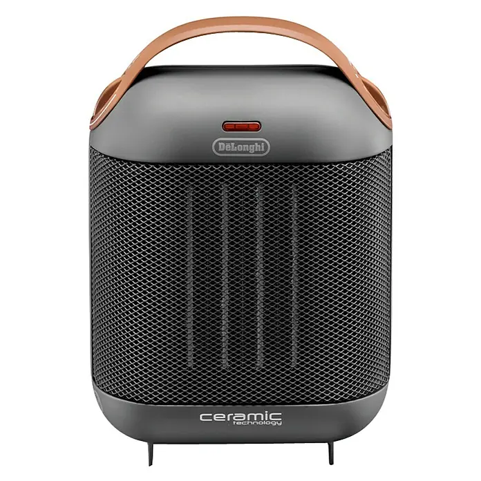 De'Longhi Calefactor de aire Capsule - 900 W - 1.800 W, Gris oscuro - Imagen de un calefactor cerámico portátil De'Longhi con asa. Ideal para calentar habitaciones pequeñas y medianas con tecnología cerámica.
