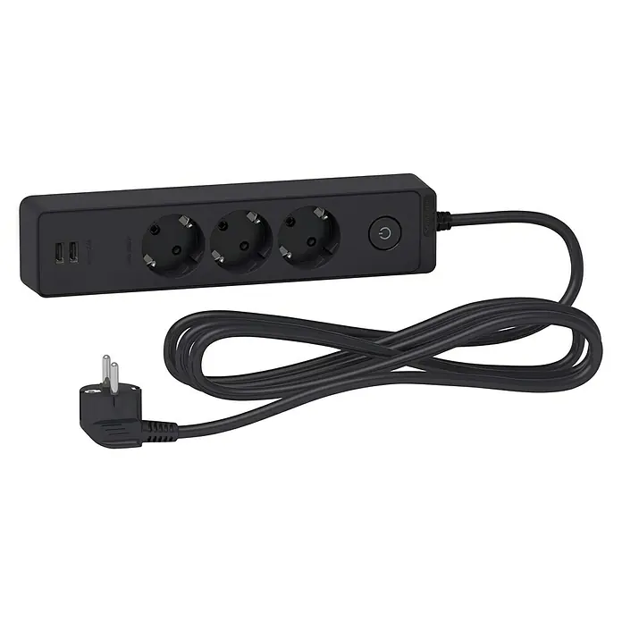 Schneider Electric Base de enchufe múltiple con USB - Antracita, Longitud del cable: 3 m, Con interruptor, 3 ud. - Imagen de una regleta negra con tres enchufes, dos puertos USB y un cable de alimentación.