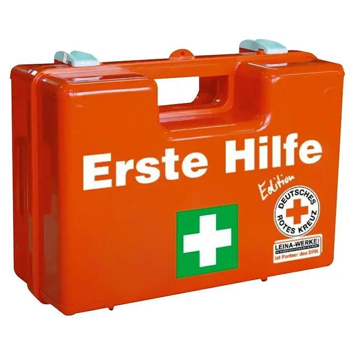 Leina-Werke Erste-Hilfe-Koffer Multi - Mit Inhalt nach DIN 13169, L x B x H: 150 x 400 x 300 mm - Ein Erste-Hilfe-Kasten in Orange mit Aufschriften und Symbolen des Deutschen Roten Kreuzes, ideal für Notfälle.