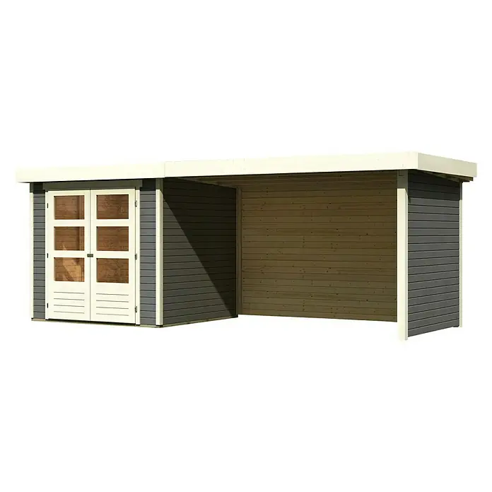 Karibu Gartenhaus Askola 2 - Außenmaß inkl. Dachüberstand (B x T): 504,5 x 238 cm, Holz, Terragrau, Mit Anbaudach, Seiten- und Rückwand - Das Bild zeigt ein modernes Gartenhaus mit Doppeltür und einem offenen Bereich, ideal für Lagerung und als Unterstand im Garten.