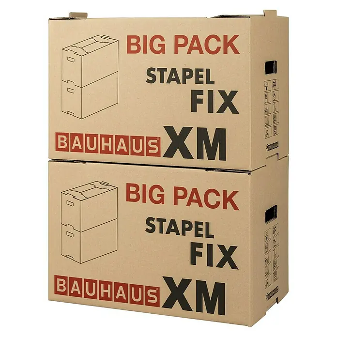 BAUHAUS Umzugskarton-Set Multibox XM Stapel-Fix - 10 Stk., Traglast: 30 kg, L x B x H: 58 x 33,5 x 38,5 cm - Zwei Bauhaus XM Big Pack Umzugskartons gestapelt, ideal für den Umzug und die Lagerung. Stabil, stapelbar und einfach zu handhaben.
