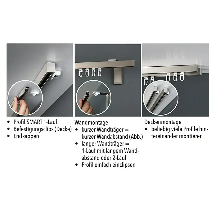 Expo Ambiente Wandträger Smart - Silber, Länge: 11,5 cm - Das Bild zeigt verschiedene Montagearten für die Gardinenschiene Profil SMART 1-Lauf, inklusive Zubehör wie Endkappen.