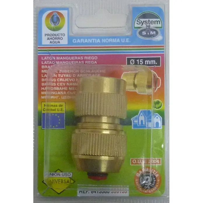 Acoplamiento de manguera automático Aquastop - 15 mm - Imagen de un conector de manguera de latón en un embalaje de producto.