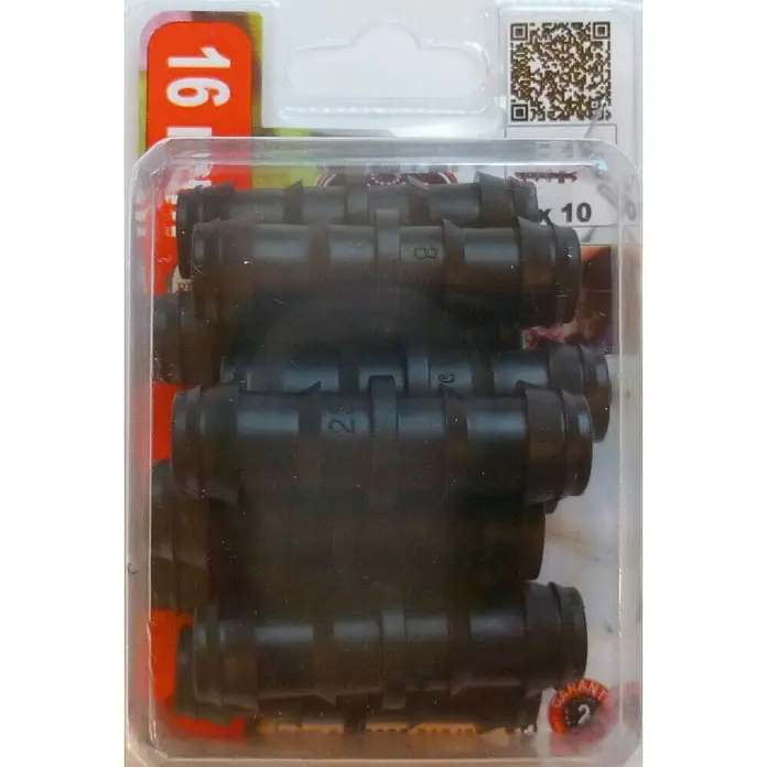 Conector para tubo de goteo - 16 mm, 10 ud. - Paquete de 10 tes de riego negras de 16 mm en un paquete de plástico transparente con código QR y marca de garantía.