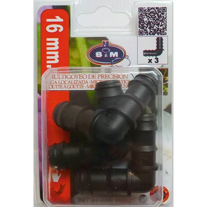 Codo goteo - Diámetro: 16 mm, Plástico, 3 ud. - Paquete de tres codos de microirrigación de precisión S&M negros de 16 mm para soluciones eficientes de riego de jardín.