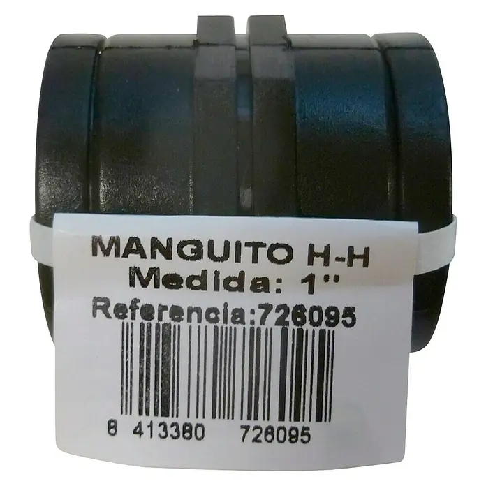 Manguito H-H - 1″, Plástico - Primer plano de un racor negro MANQUITO H-H 1", con una etiqueta que muestra detalles y un código de barras.