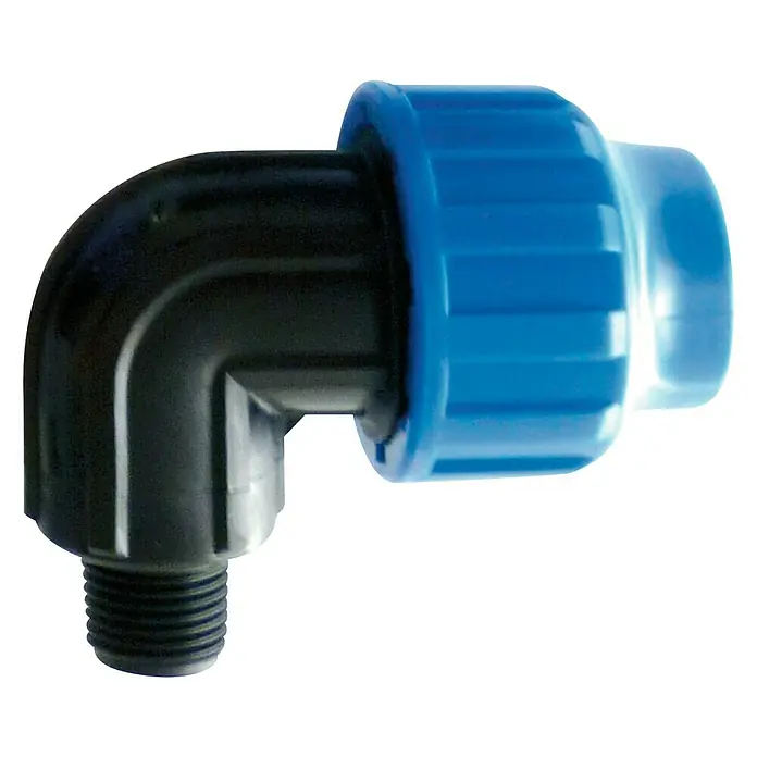 Codo angular montaje rápido macho - Diámetro: 20 mm, ½″ - Un codo de 90 grados con conexión roscada y una tuerca de unión azul, ideal para tuberías de agua.