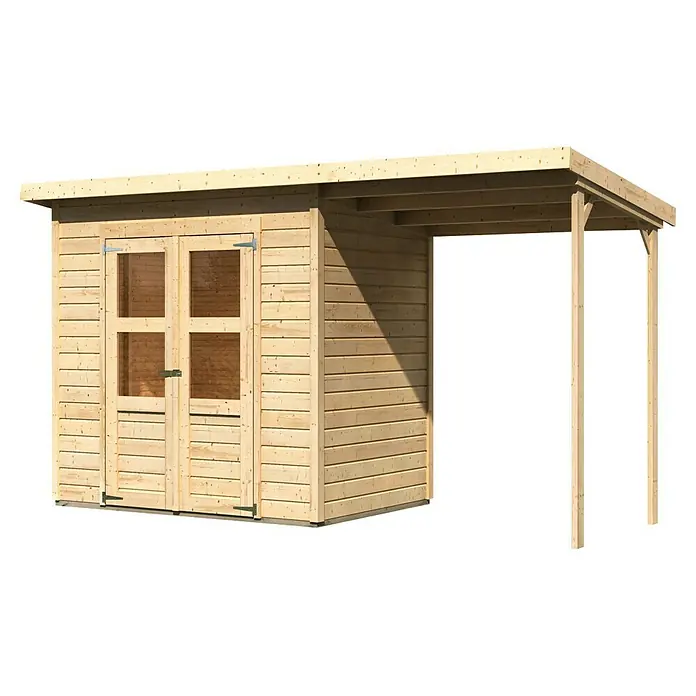 Karibu Gartenhaus Merseburg 3 - Außenmaß inkl. Dachüberstand (B x T): 390 x 175 cm, Holz, Natur, Mit Seitendach - Bild eines Holzgartenhauses mit Doppeltür und Carport, ideal zur Aufbewahrung und als Unterstand im Garten.