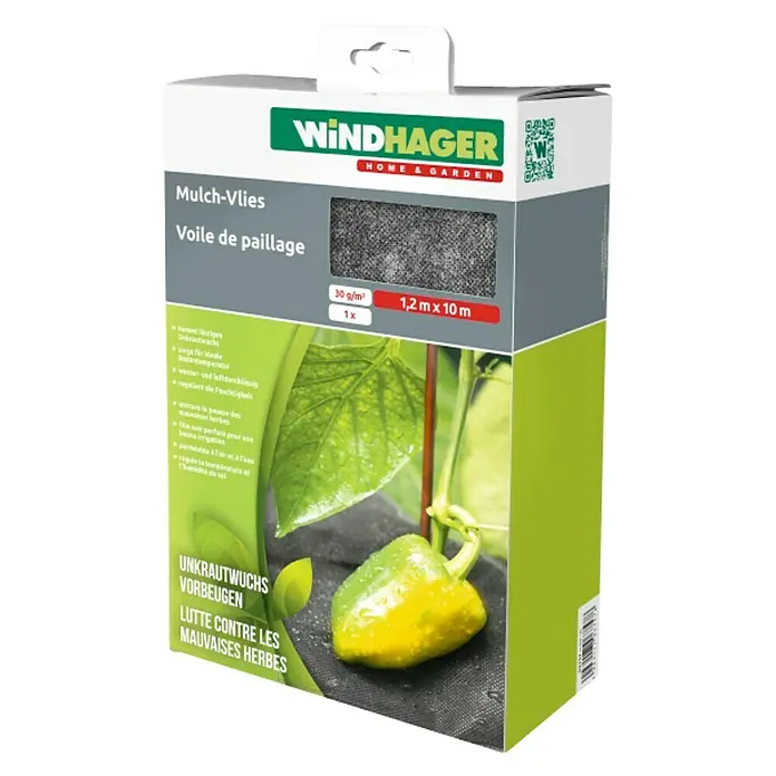 Windhager Mulchvlies - L x B: 10 x 1,2 m, Schwarz - Produktverpackung von Windhager Mulchvlies, 1,2 m x 10 m. Hilft bei der Unkrautbekämpfung und reguliert die Feuchtigkeit im Boden.