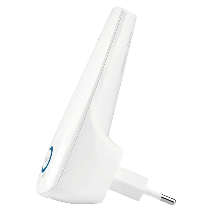 Repetidor WiFi TL-WA850RE Domos - Para interior - Primer plano de un repetidor Wi-Fi blanco con enchufe europeo, que amplía el alcance de la señal Wi-Fi para una mejor conexión.