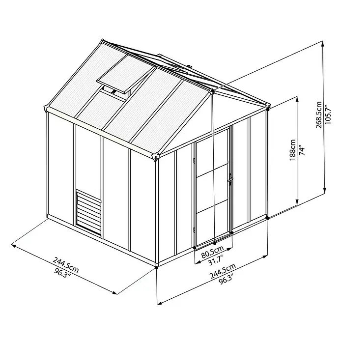 Palram – Canopia Gewächshaus Glory 8x8 - Außenmaß inkl. Dachüberstand (B x T): 244,5 x 244 cm, 10 mm, Anthrazit - Abbildung eines Gartenhauses mit Maßangaben, die seine Größe und Abmessungen verdeutlichen.