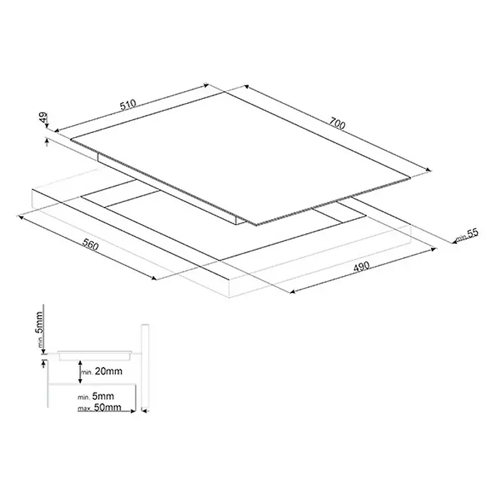 Smeg Placa de cocción SI1M7743B - L x An: 51 x 70 cm, Número de fogones de inducción: 4 ud., 1.400 W - 3.200 W - Ilustración de una placa de cocina con dimensiones para la instalación y el espaciado.