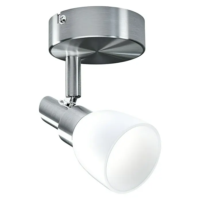 Osram LED-Deckenstrahler 827 - 2 W, L x B x H: 8 x 8 x 14,2 cm, Weiß/Silber, Warmweiß - Nahaufnahme einer einzelnen, silbernen Deckenleuchte mit einem weißen, konischen Lampenschirm.