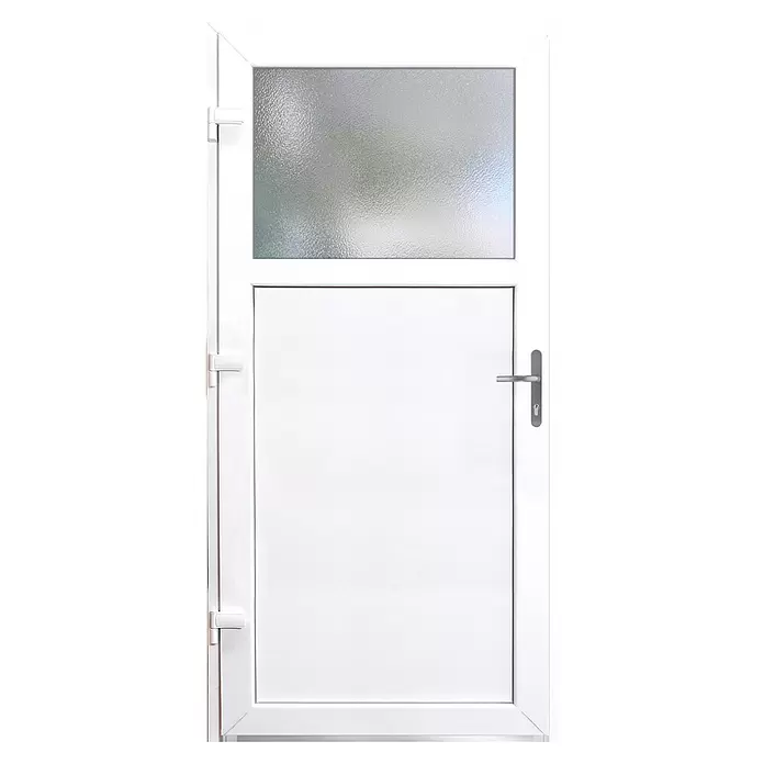 Panto Nebeneingangstür K 504 - 98 x 198 cm, DIN Anschlag: Links, Nach Außen öffnend, Weiß - Weiße Tür mit Milchglasfeld oben und massivem Unterteil. Mit silbernem Griff und Schlüsselloch.