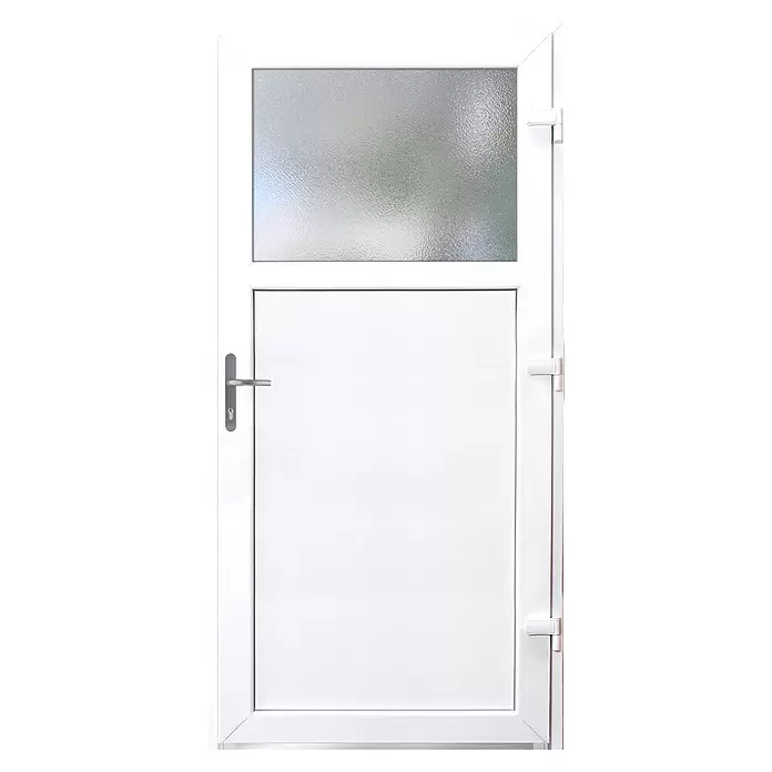 Panto Nebeneingangstür K 504 - 98 x 198 cm, DIN Anschlag: Rechts, Nach Außen öffnend, Weiß - Weiße PVC-Tür mit Oberlicht aus Milchglas und massiver Unterplatte, ausgestattet mit silbernem Griff und Schlüsselloch.