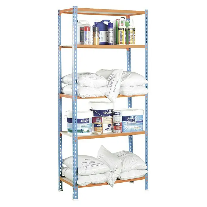 Simonrack Maderclick Metallregal Maderclick SuperPlus - H x B x T: 200 x 110 x 50 cm, Traglast pro Boden: 200 kg, Anzahl Böden: 5 Stk., Stecken, Blau/Orange - Ein Regal voller Baustoffe, darunter Farbeimer der Marke Bruguer und Säcke mit ARENA FINA Sand, präsentiert in einem blauen Metallregal.