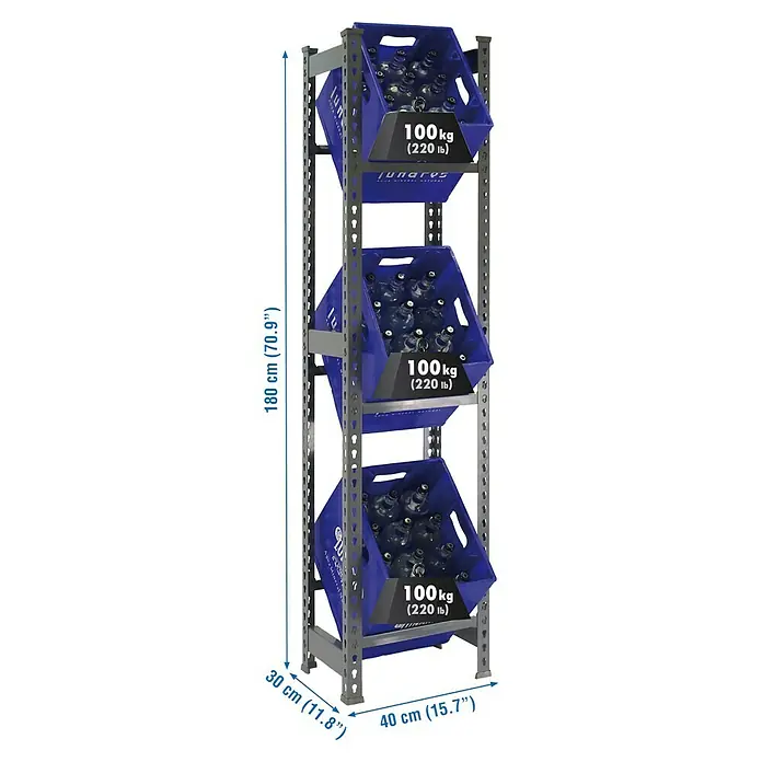 Simonrack Simonbottle Getränkekistenregal Bottleclick - H x B x T: 180 x 40 x 30 cm, Traglast Einlegeboden: 100 kg, Anzahl Böden: 3 Stk., Stecken, Grau - Abbildung eines robusten Lagerregals mit drei Ebenen, jede beladen mit blauen Kisten, ideal für schwere Lasten.