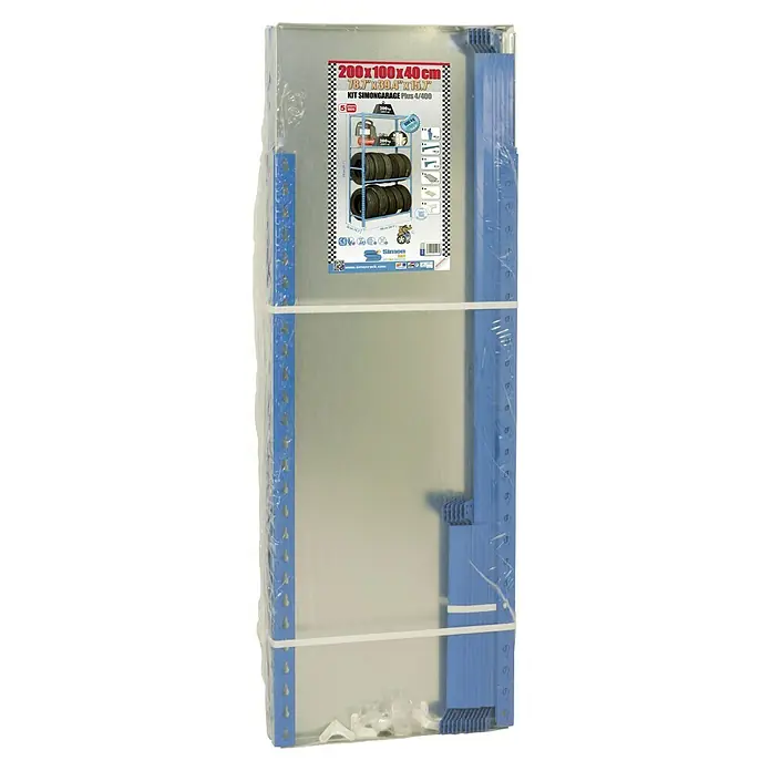 Simonrack Simonauto Reifenregal Simongarage MegaPlus - H x B x T: 200 x 120 x 40 cm, Traglast pro Träger: 180 kg, Anzahl Böden: 2 Stk., Stecken, Blau/Silber - Eingepacktes Simon Garagenregal mit den Maßen 200x100x40 cm, ideal für die Lagerung von Reifen und Werkzeugen in der Garage oder Werkstatt.