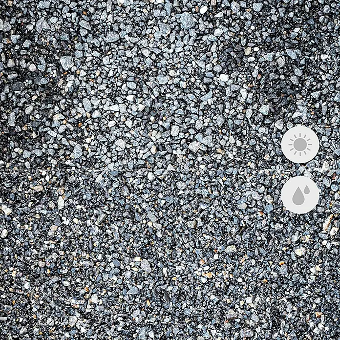 Min2C Basaltsplitt - Schwarz, Körnung: 2 mm - 5 mm, 25 kg - Nahaufnahme von trockenem und nassem Splitt. Die feine Oberfläche ist ideal für Bauvorhaben und Gartengestaltung.