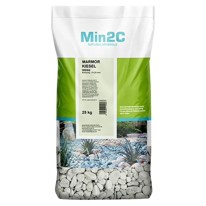 Min2C Marmorkiesel - Weiß, Körnung: 15 mm - 25 mm, 25 kg - Abbildung einer 25-kg-Packung Min2C Marmorkiesel Weiß, Naturmineralien, ideal für die Gartengestaltung mit weißen Marmorkieseln.