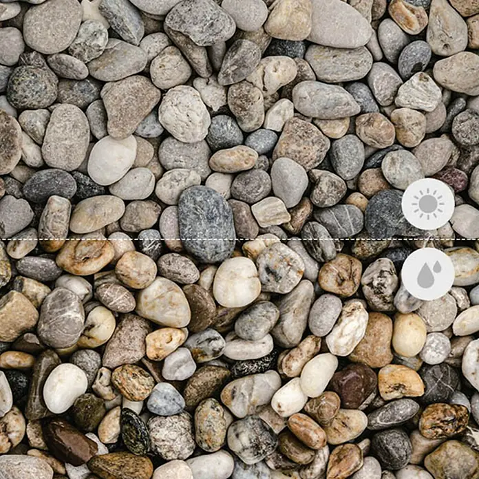 Min2C Flusskiesel - Bunt, Körnung: 16 mm - 32 mm, 25 kg - Bild von Natursteinen, oben trocken, unten nass. Die Farben sind durch die Feuchtigkeit deutlich intensiver.