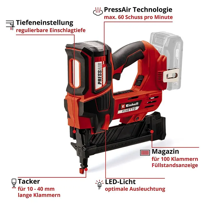 Einhell Professional PXC 18V Akku-Tacker FIXETTO 18/40 S - 18 V, Ohne Akku - Bild einer roten Einhell Fixetto Akku-betriebenen Tacker mit verschiedenen Funktionen hervorgehoben.