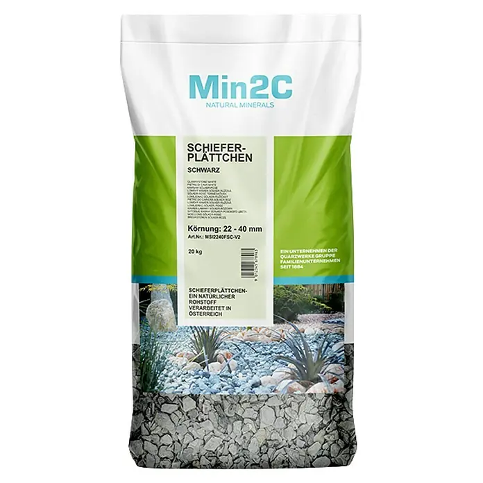 Min2C Schieferplättchen - Schwarz, Körnung: 22 mm - 40 mm, 20 kg - Abbildung eines Sackes Min2C Schieferplättchen in Schwarz, eine natürliche Mineralerde für den Garten oder zur Dekoration, Körnung 22-40 mm.