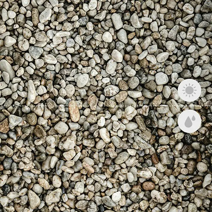 Min2C Quarzkiesel - Hell, Körnung: 8 mm - 16 mm, 25 kg - Bild von trockenem und nassem Ziersplitt im Vergleich, ideal für Gartenwege und Dekorationen.