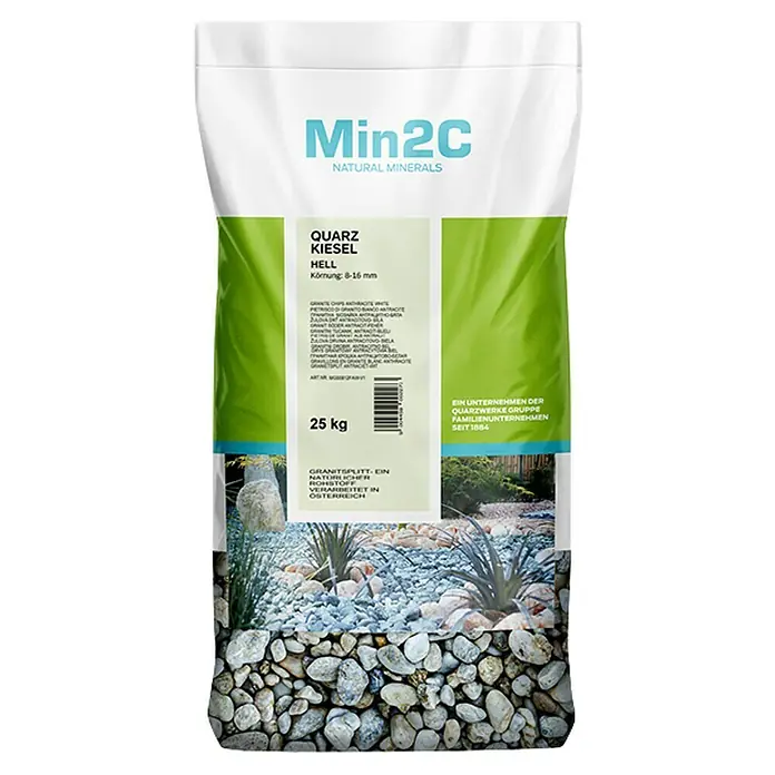 Min2C Quarzkiesel - Hell, Körnung: 8 mm - 16 mm, 25 kg - Sack Quarz Kiesel Hell, 25 kg Natursteine für den Garten. Dekorative Mineralien für Außenanlagen und zur Gestaltung von Wegen.