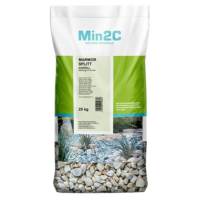 Min2C Marmorsplitt - Castell, Körnung: 8 mm - 16 mm, 25 kg - Nahaufnahme einer Verpackung Marmorsplitt "Castell" von Min2C, ein Naturprodukt für Gartengestaltung.