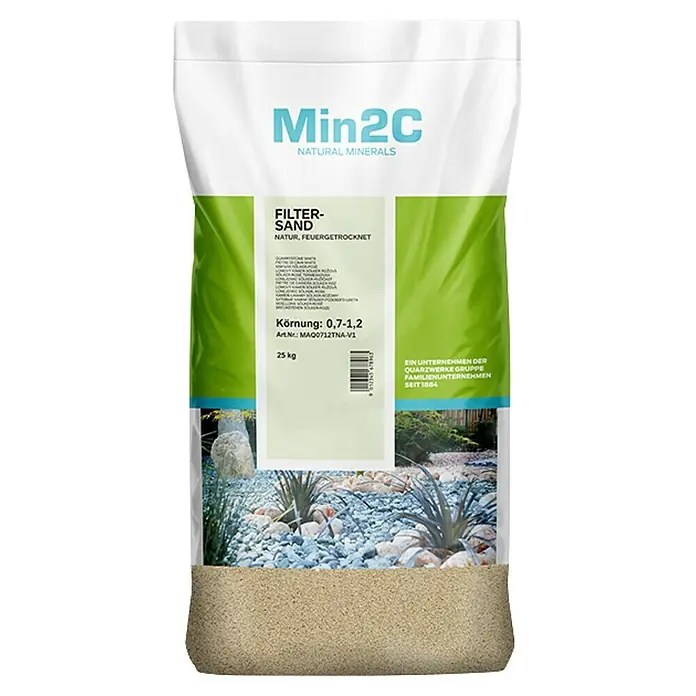 Min2C Aquasil-Filtersand - 25 kg, Körnung: 0,7 mm - 1,2 mm - Nahaufnahme eines Sackes Min2C Filtersand, natürlich und feuergetrocknet, ideal für Aquarien und Pools mit einer Körnung von 0,7-1,2 mm.