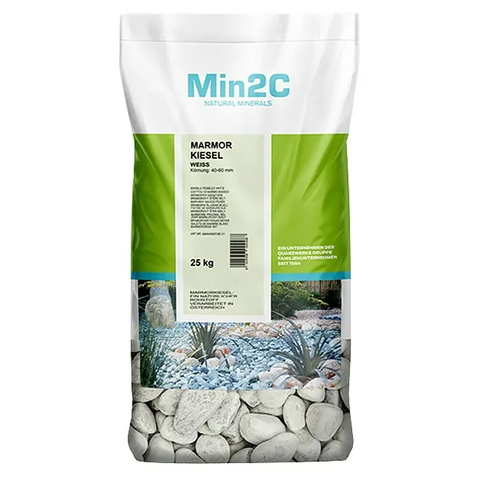 Min2C Marmorkiesel - Weiß, Körnung: 40 mm - 60 mm, 25 kg - Ein Sack Marmorkiesel von Min2C, weiße Steine mit einer Körnung von 40-60 mm, ideal für Garten- und Landschaftsgestaltung.