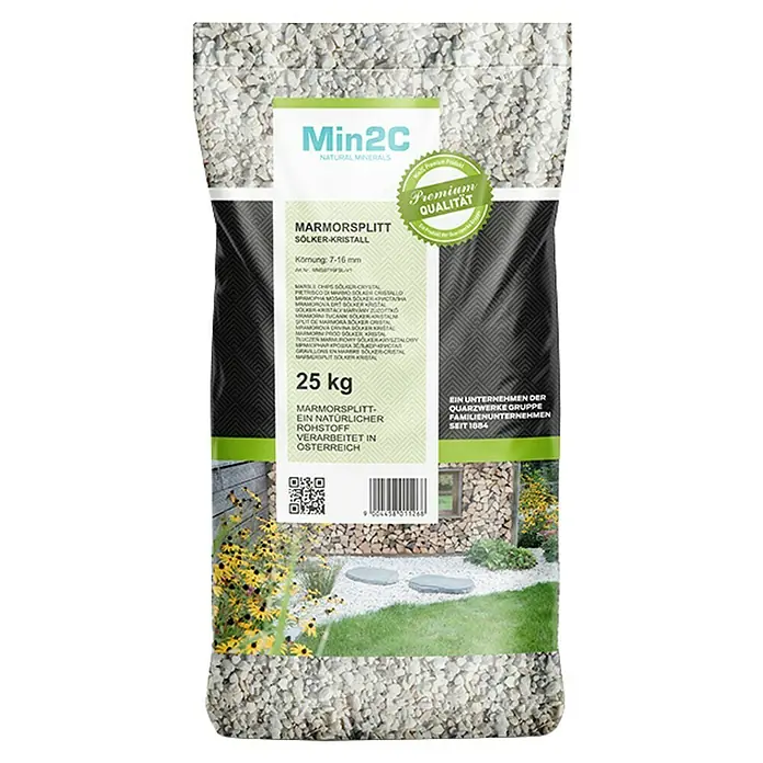 Min2C Marmorsplitt Sölker Kristall - Weiß, Körnung: 7 mm - 16 mm, 25 kg - Bild einer 25-kg-Packung Min2C Marmorsplitt Sölker-Kristall mit Körnung 7-16 mm, ein Naturprodukt aus Österreich.
