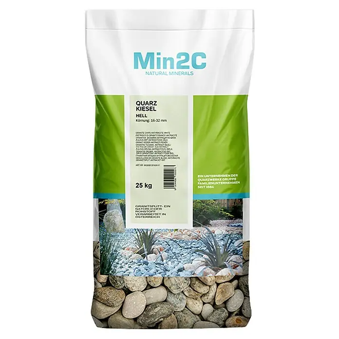 Min2C Quarzkiesel - Hell, Körnung: 16 mm - 32 mm, 25 kg - Bild einer Packung Min2C Quarz Kiesl hell mit 25 kg Inhalt, ideal für die Gartengestaltung mit Naturmineralien.
