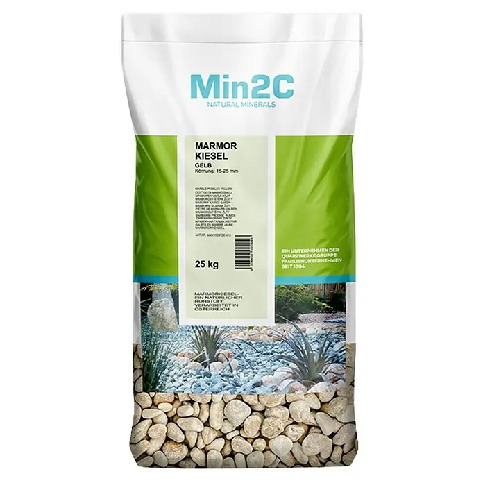 Min2C Marmorkiesel - Gelb, Körnung: 15 mm - 25 mm, 25 kg - Sack gelber Marmorkiesel (15-25 mm) von Min2C Natural Minerals, ideal für Garten- und Landschaftsgestaltung.