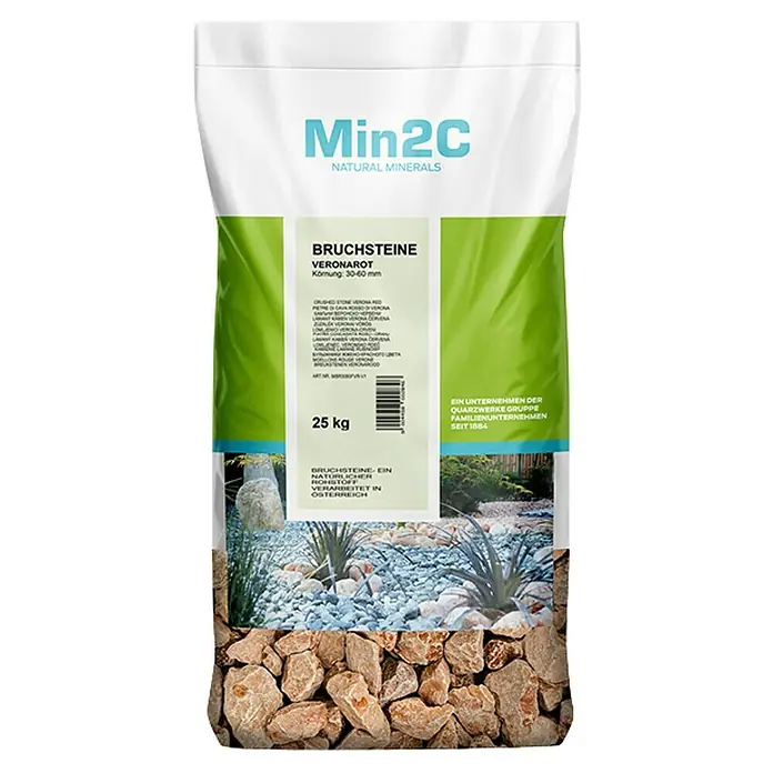 Min2C Bruchsteine - Veronarot, Körnung: 30 mm - 60 mm, 25 kg - Nahaufnahme einer 25kg Packung Min2C Bruchsteine Veromarot, ein natürlicher, in Österreich verarbeiteter Mineralrohstoff.