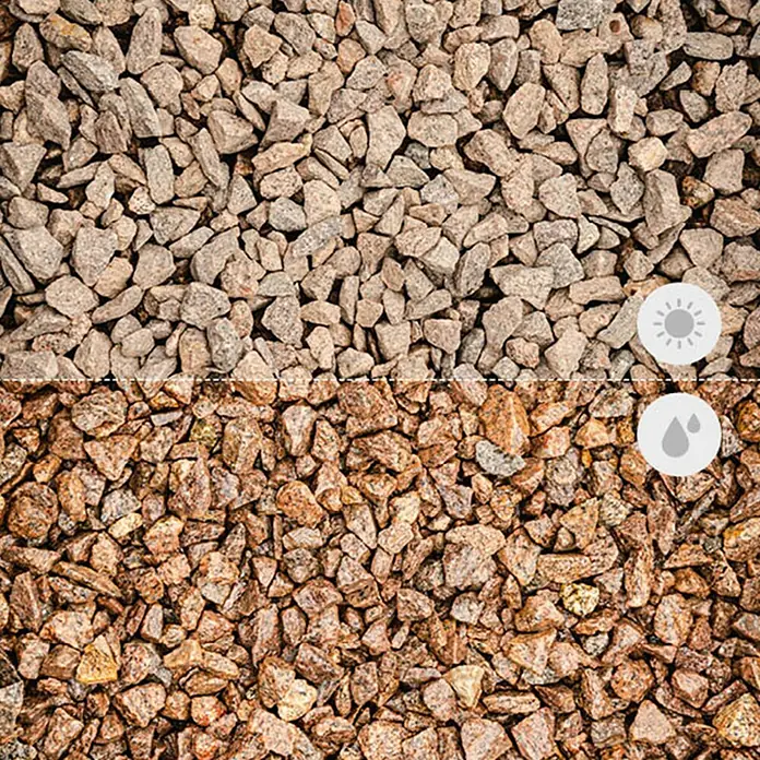 Min2C Granitsplitt - Rot, Körnung: 8 mm - 12 mm, 25 kg - Vergleich von trockenem und nassem Splitt. Der Splitt zeigt deutliche Farbveränderung durch Feuchtigkeit.