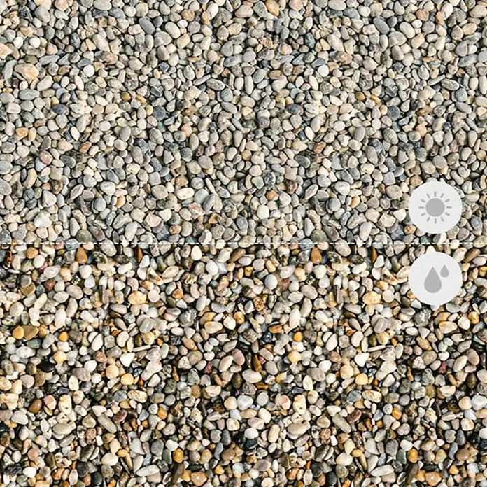 Min2C Quarzkiesel - Hell, Körnung: 4 mm - 8 mm, 25 kg - Auf diesem Bild sind Zierkiesel in zwei Variationen dargestellt: trocken und nass. Die Farben und Texturen sind deutlich zu erkennen.