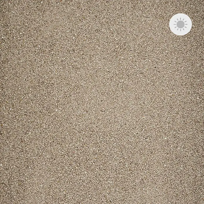 Min2C Rasenquarz - Körnung: 0,5 mm - 2 mm, 25 kg - Nahaufnahme einer beigen, körnigen Oberfläche mit einem hellen, kreisförmigen Symbol in der oberen rechten Ecke.