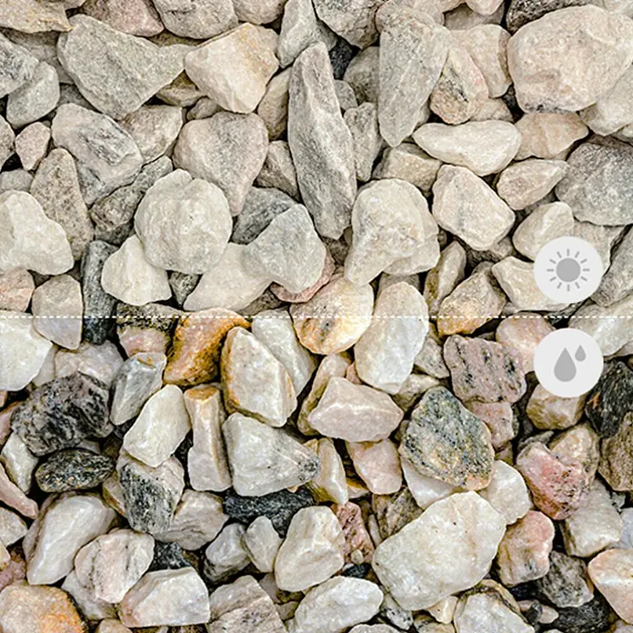 Min2C Bruchsteine - Rose Sölker, Körnung: 30 mm - 60 mm, 25 kg - Kies mit vielfältigen Farben und Texturen, ideal für den Gartenbau. Trocken zeigt er helle Farbtöne, feucht dunklere, intensive Farben.