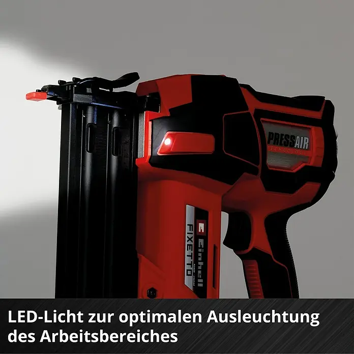 Einhell Professional PXC 18V Akku-Tacker FIXETTO 18/40 S - 18 V, Ohne Akku - Bild einer roten und schwarzen Einhell Akku-Nagelpistole mit LED-Licht zur optimalen Ausleuchtung des Arbeitsbereiches.