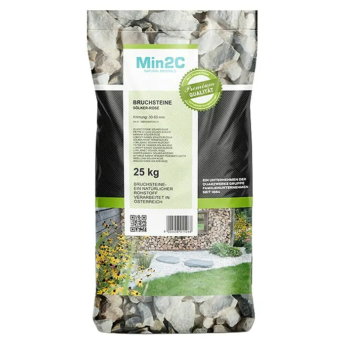 Min2C Bruchsteine - Rose Sölker, Körnung: 30 mm - 60 mm, 25 kg - Bild einer 25kg-Packung Min2C Bruchsteine Sölker-Rosé Natursteine, ein natürlicher Rohstoff, verarbeitet in Österreich.