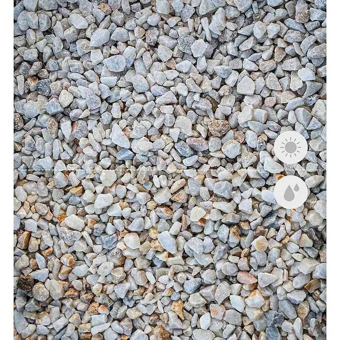 Min2C Marmorsplitt - Castell, Körnung: 8 mm - 16 mm, 25 kg - Nahaufnahme von Ziersplitt, oben trocken und unten nass, mit Icons für Sonne und Regentropfen.