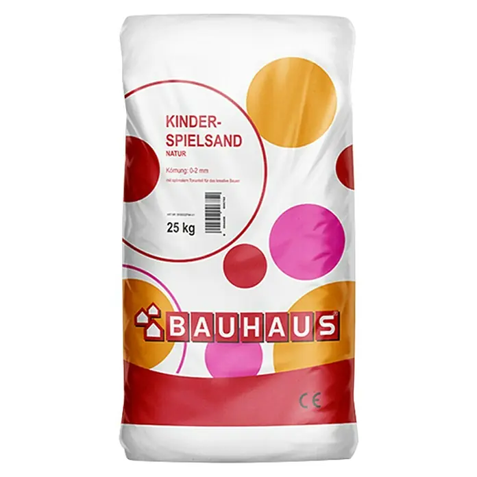 Kinderspielsand - 25 kg - Ein Sack Kinderspielsand von Bauhaus mit bunten Kreisen, ideal für den Spielplatz.
