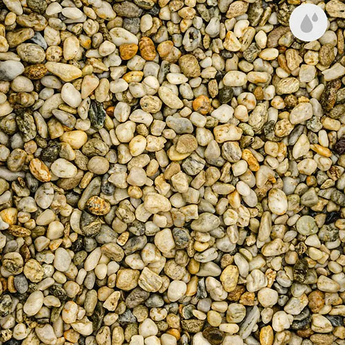 Min2C Drainageschotter - Körnung: 8 mm - 16 mm, 25 kg - Nahaufnahme von beigen Zierkieseln, ideal für Gartenwege und dekorative Zwecke, die Ihrem Außenbereich eine natürliche Note verleihen.